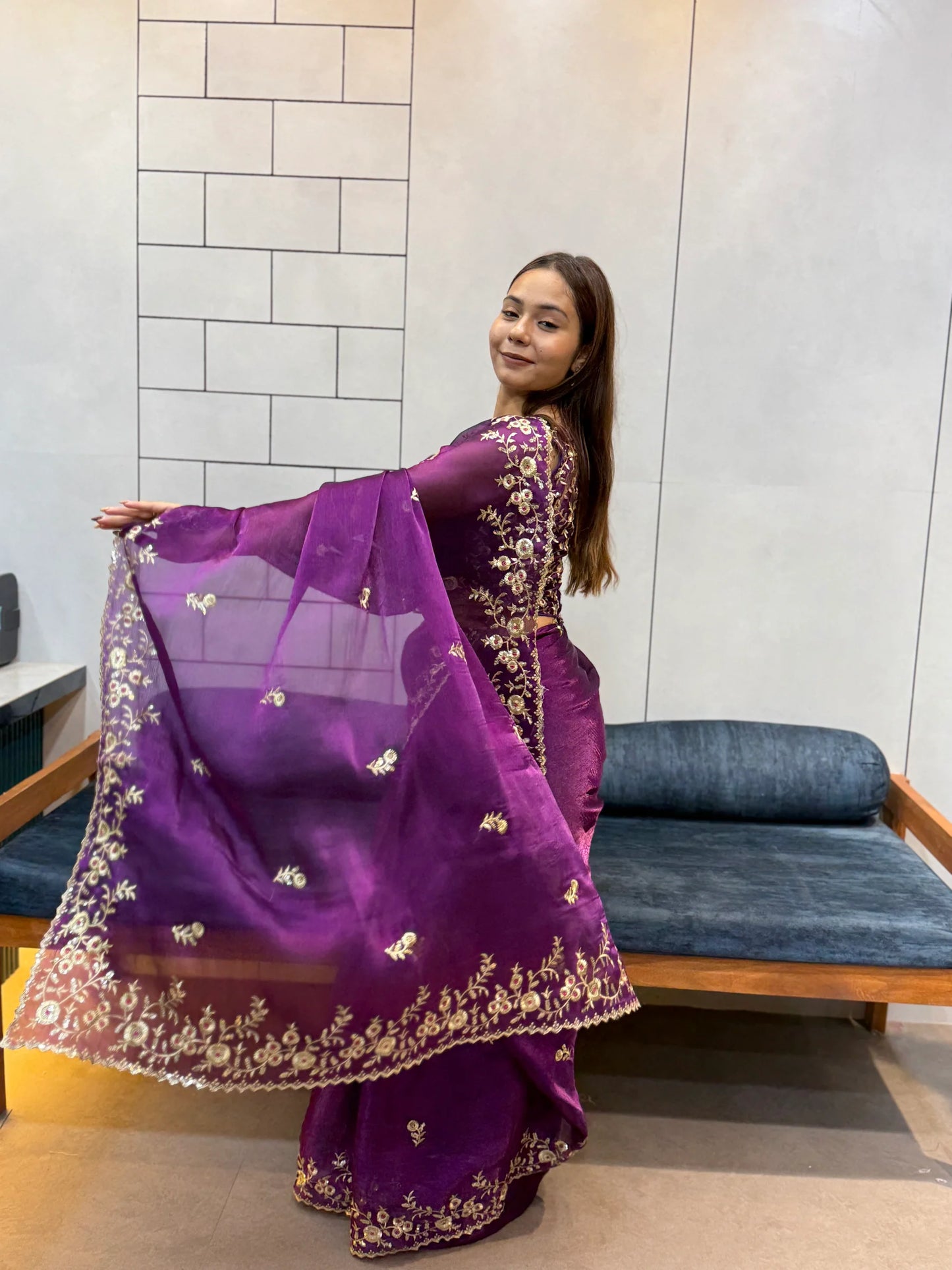 Jamuni Purple Space silk Saree with Golden Floral Embroidery & Designer Blouse - Festive & Party Wear