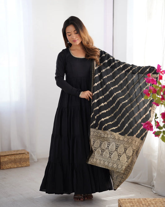 Black Color Pure Roman Silk Ruffle Style Anarkali Suit