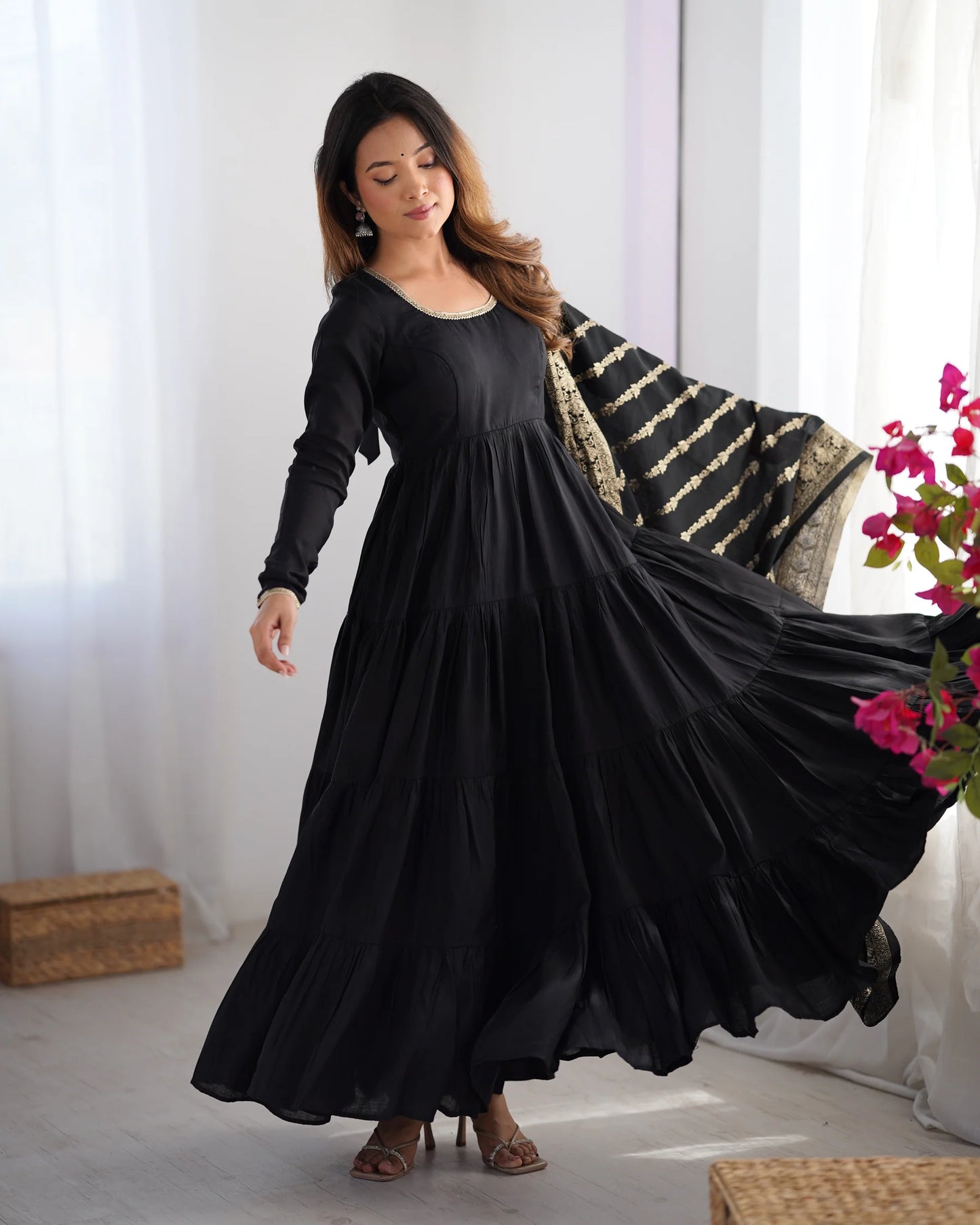Black Color Pure Roman Silk Ruffle Style Anarkali Suit