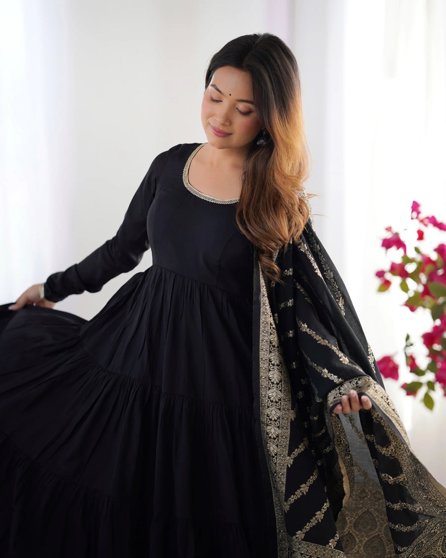 Black Color Pure Roman Silk Ruffle Style Anarkali Suit