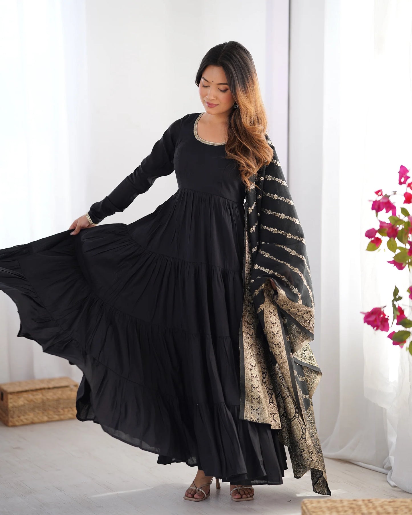 Black Color Pure Roman Silk Ruffle Style Anarkali Suit