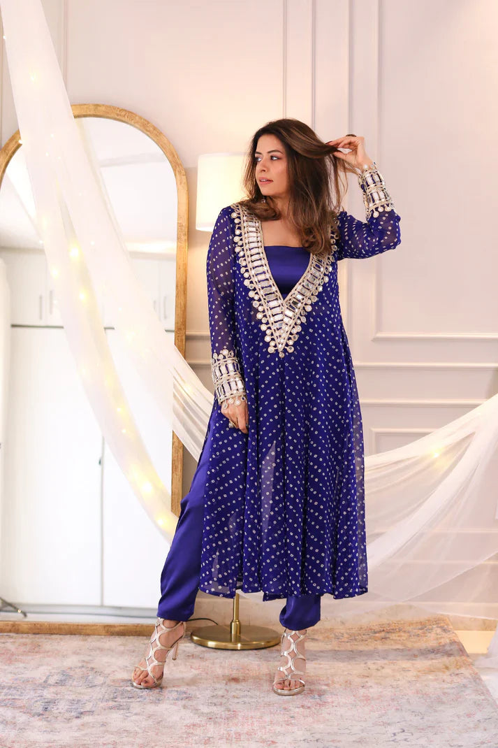 Designer Mirror Work Anarkali Suit Set for Women – Georgette Fabric | Available in Mehendi Green, Royal Blue, Black & Wine Purple