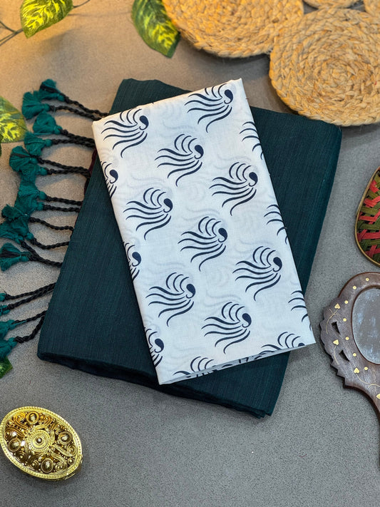 Handwoven Bottle Green Khadi Cotton Saree with White & Blue Digital Print Blouse