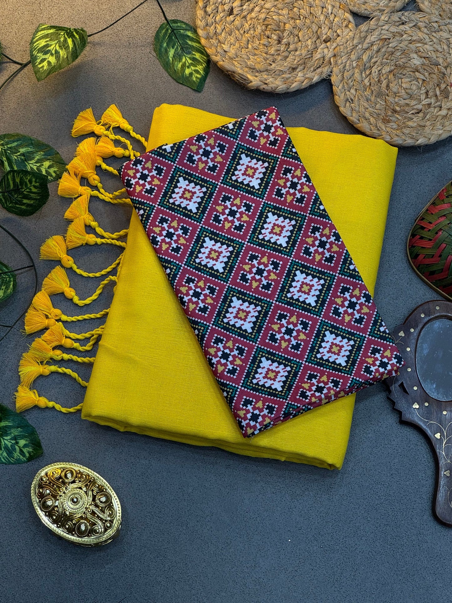 Handwoven Charcoal Grey Khadi Cotton Saree with Black & White Tassels and Elephant Motif Digital Print Blouse