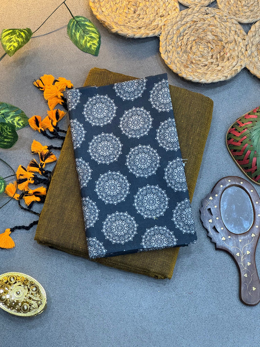 Handwoven Olive Green Khadi Cotton Saree with Navy Blue Mandala Digital Print Blouse