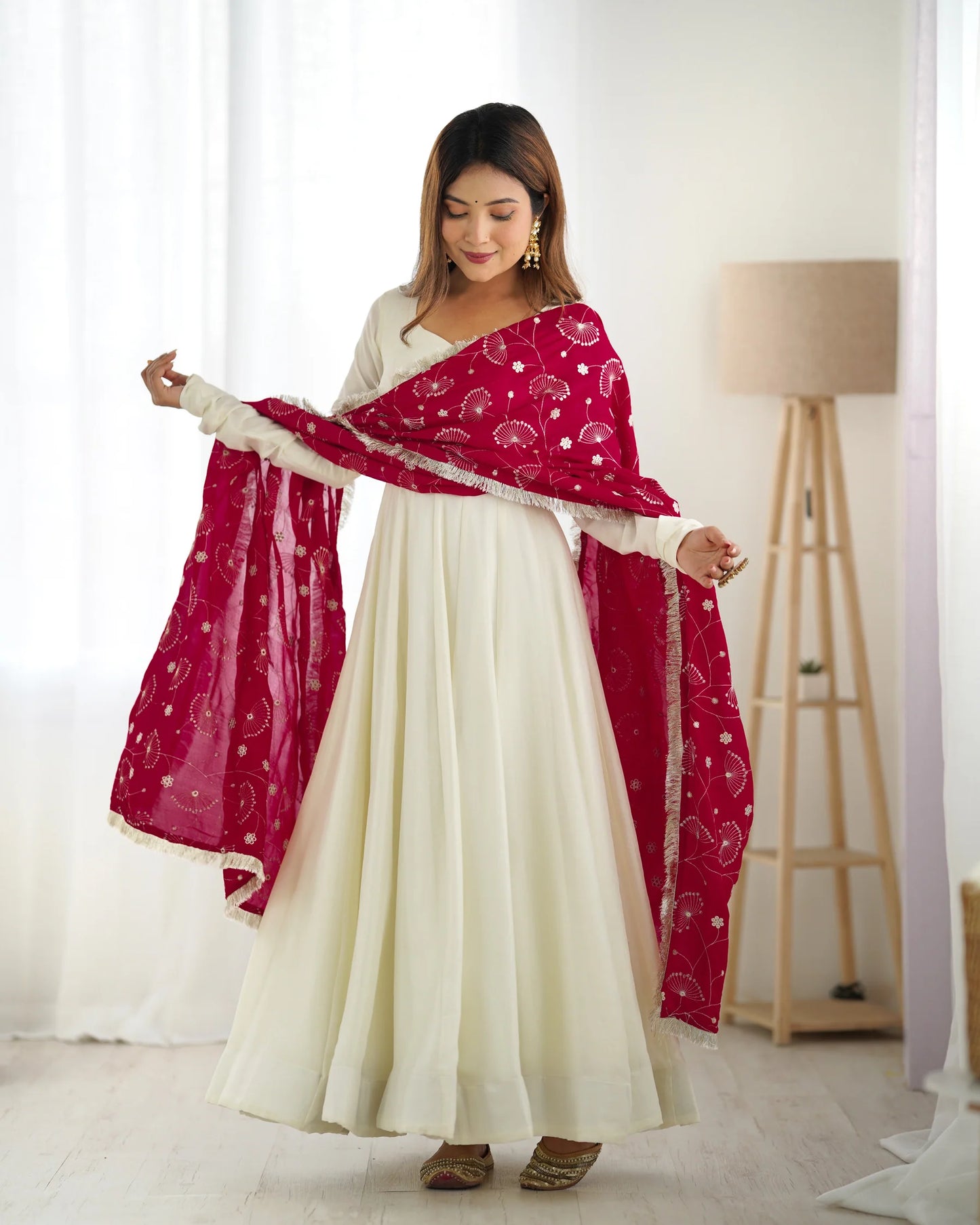ELEGANT OFF-WHITE VICHITRA SILK ANARKALI SET WITH DEEP RED EMBROIDERED DUPATTA