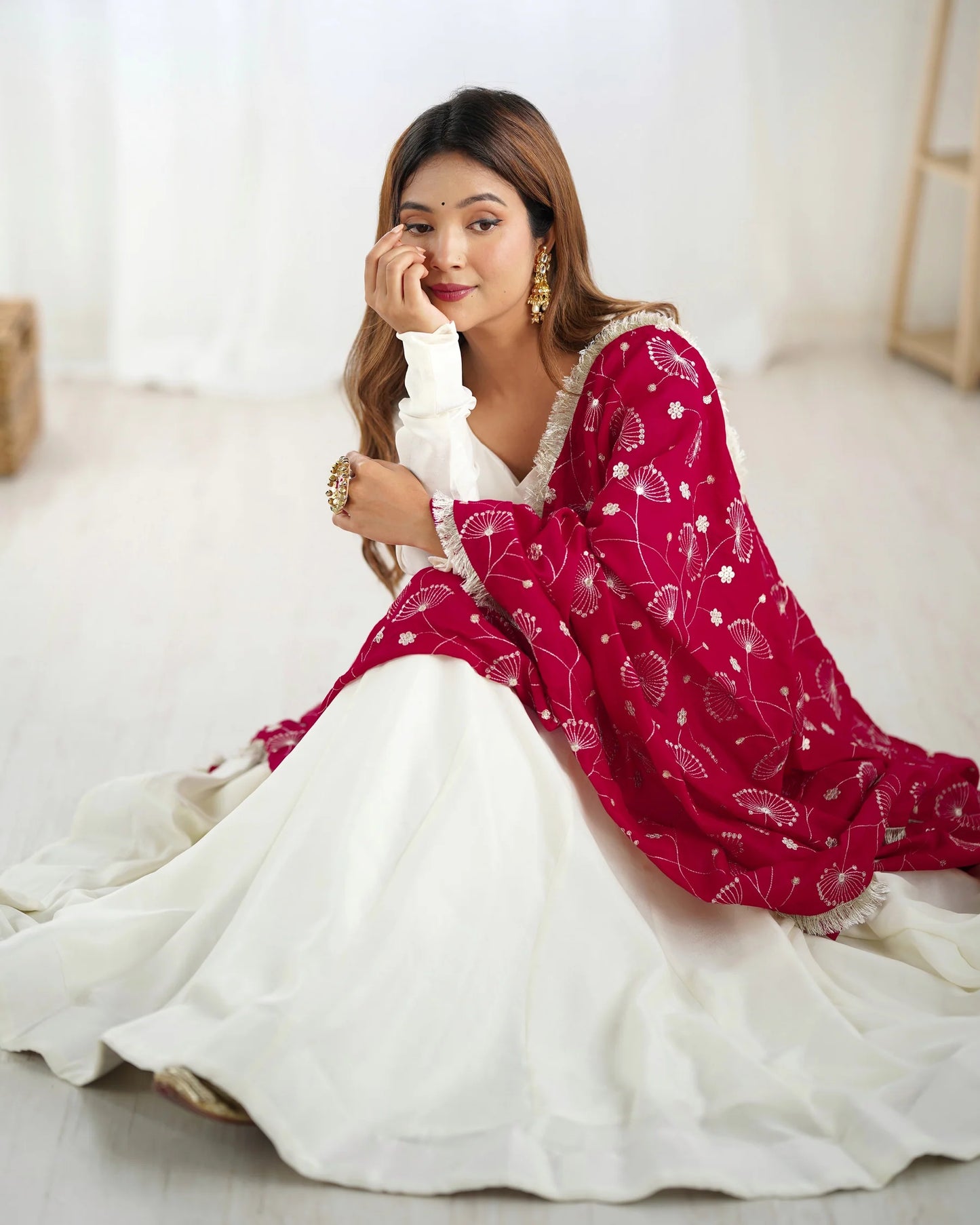 ELEGANT OFF-WHITE VICHITRA SILK ANARKALI SET WITH DEEP RED EMBROIDERED DUPATTA