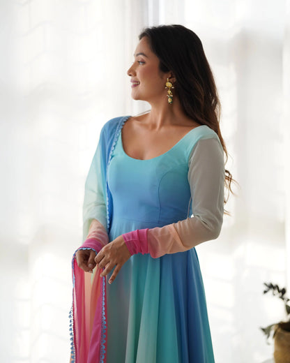 This Colorful Lightweight & Fresh Look Outfit - Pure Soft Fox Georgette Fully Flared Anarkali with Dupatta Set and Pants, Ready to Wear - Perfect for Upcoming Festivities and Weddings