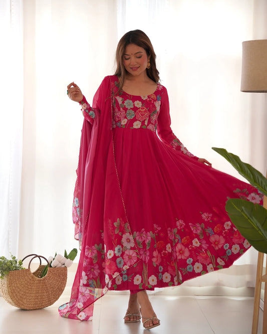 TIMELESS FLORAL PRINTED ORGANZA ANARKALI SUIT SET – PERFECT FOR THE FESTIVE AND WEDDING SEASON