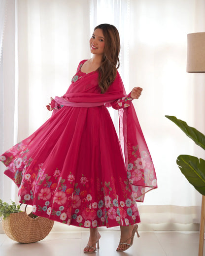 TIMELESS FLORAL PRINTED ORGANZA ANARKALI SUIT SET – PERFECT FOR THE FESTIVE AND WEDDING SEASON