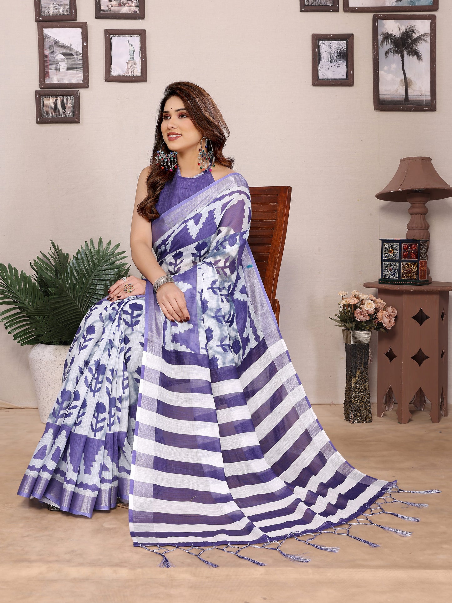 Steel Blue Pure Cotton Linen Saree