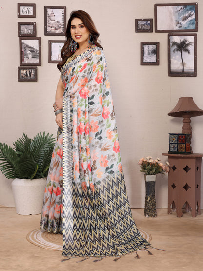 Pure Tredy New Collection of cotton linen Saree with Blouse