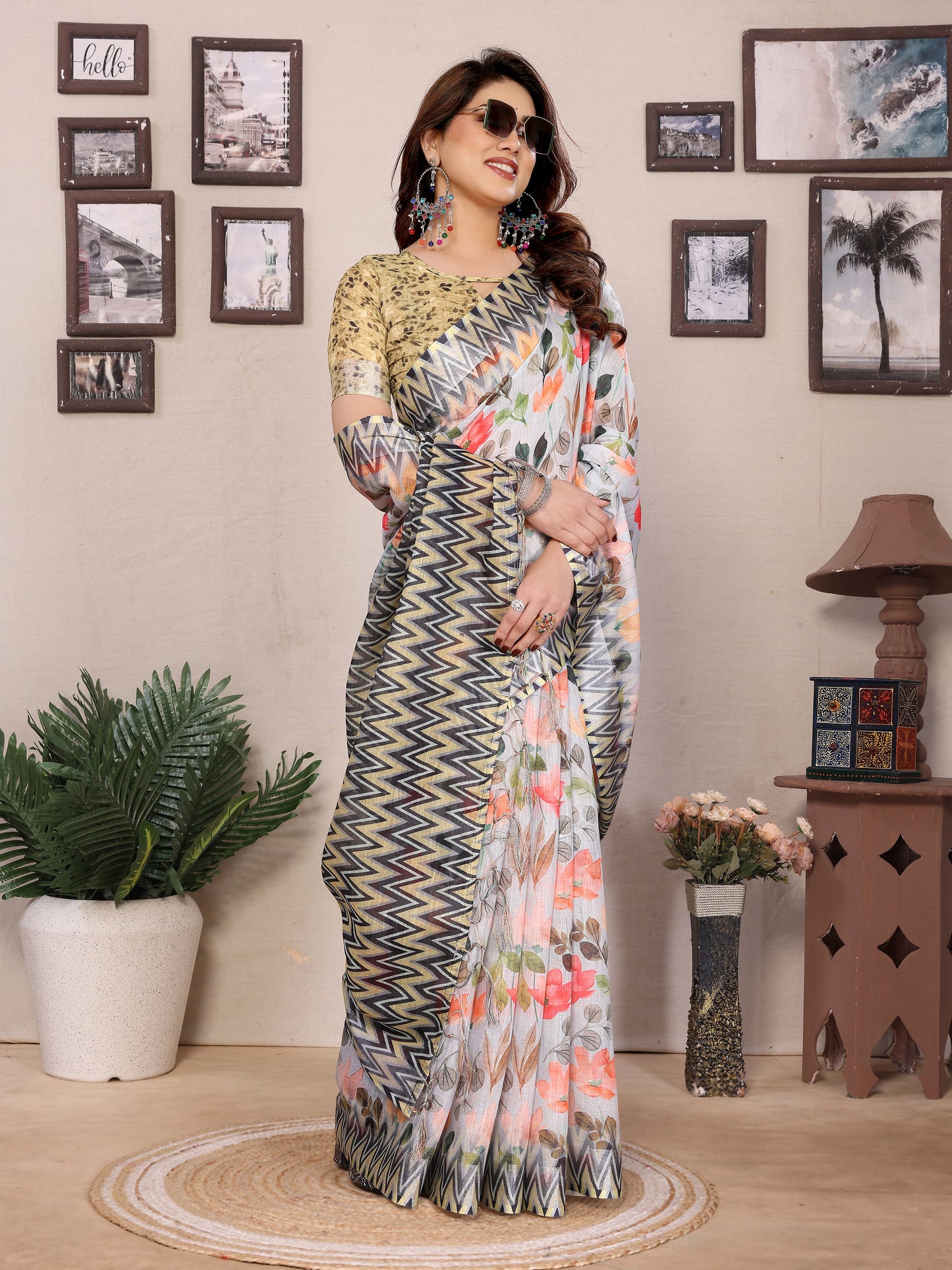 Pure Tredy New Collection of cotton linen Saree with Blouse