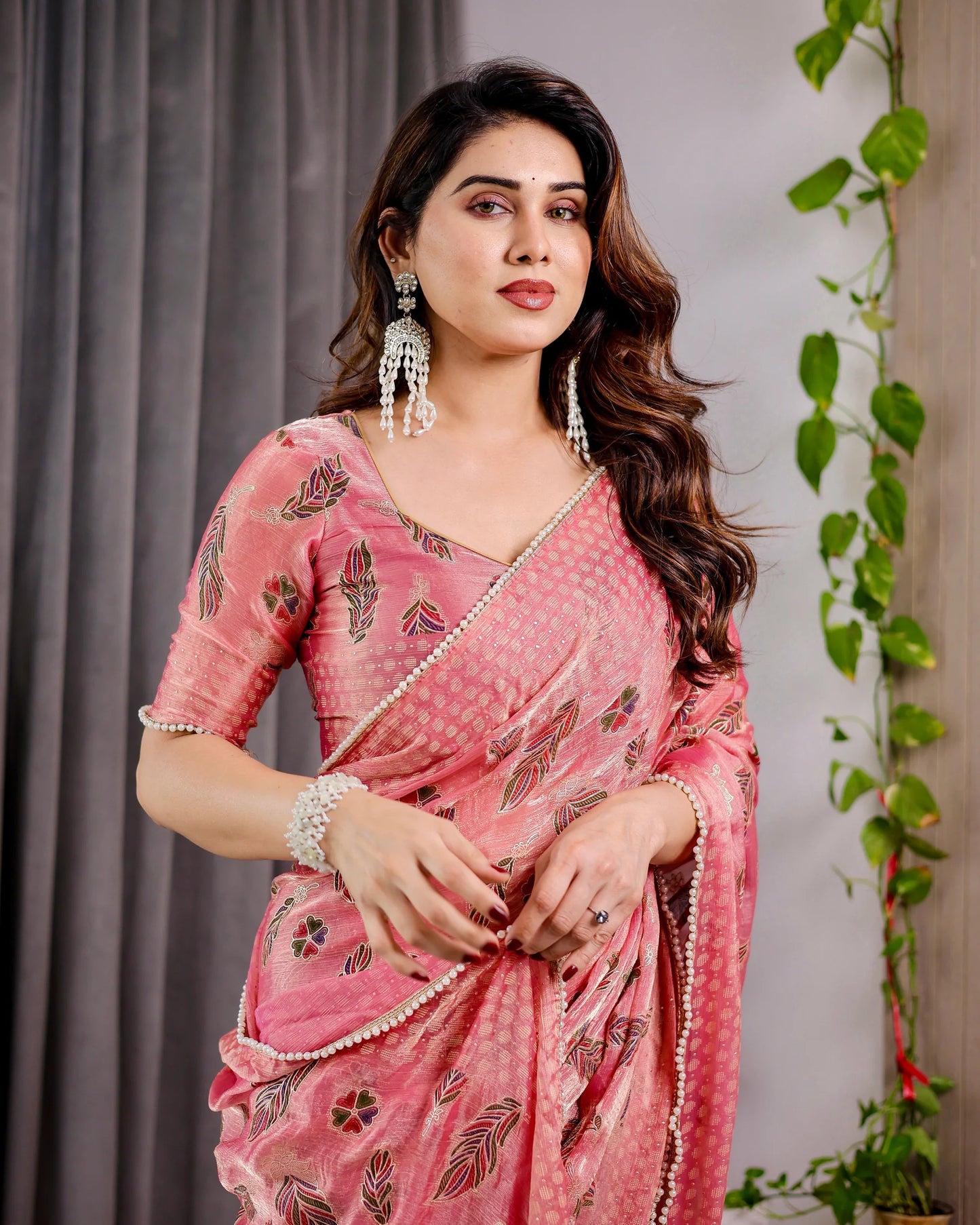 Blush Pink Fendy Chiffon Saree with Foil & Block Prints, Pearl Lace Border & Tassels