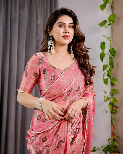 Blush Pink Fendy Chiffon Saree with Foil & Block Prints, Pearl Lace Border & Tassels