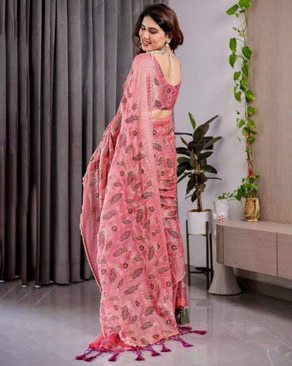 Blush Pink Fendy Chiffon Saree with Foil & Block Prints, Pearl Lace Border & Tassels