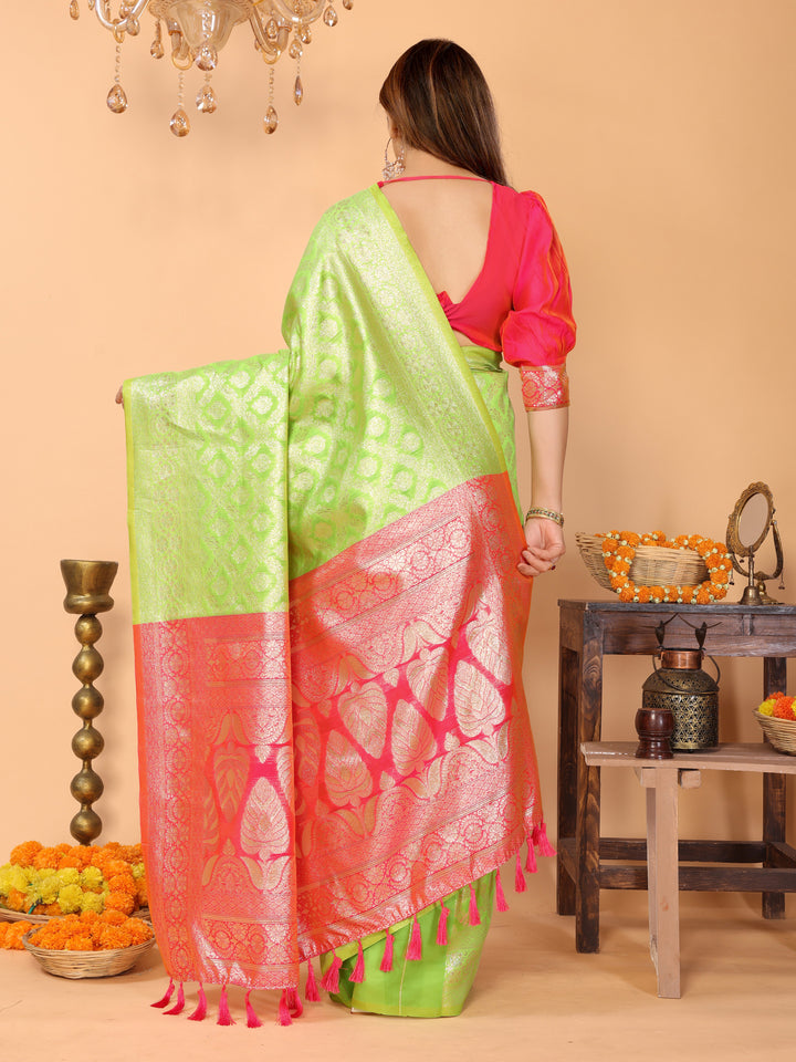 Parrot Green Banarasi Silk Saree with Coral Pink Pallu & Zari Weaving – Festive Traditional Wear