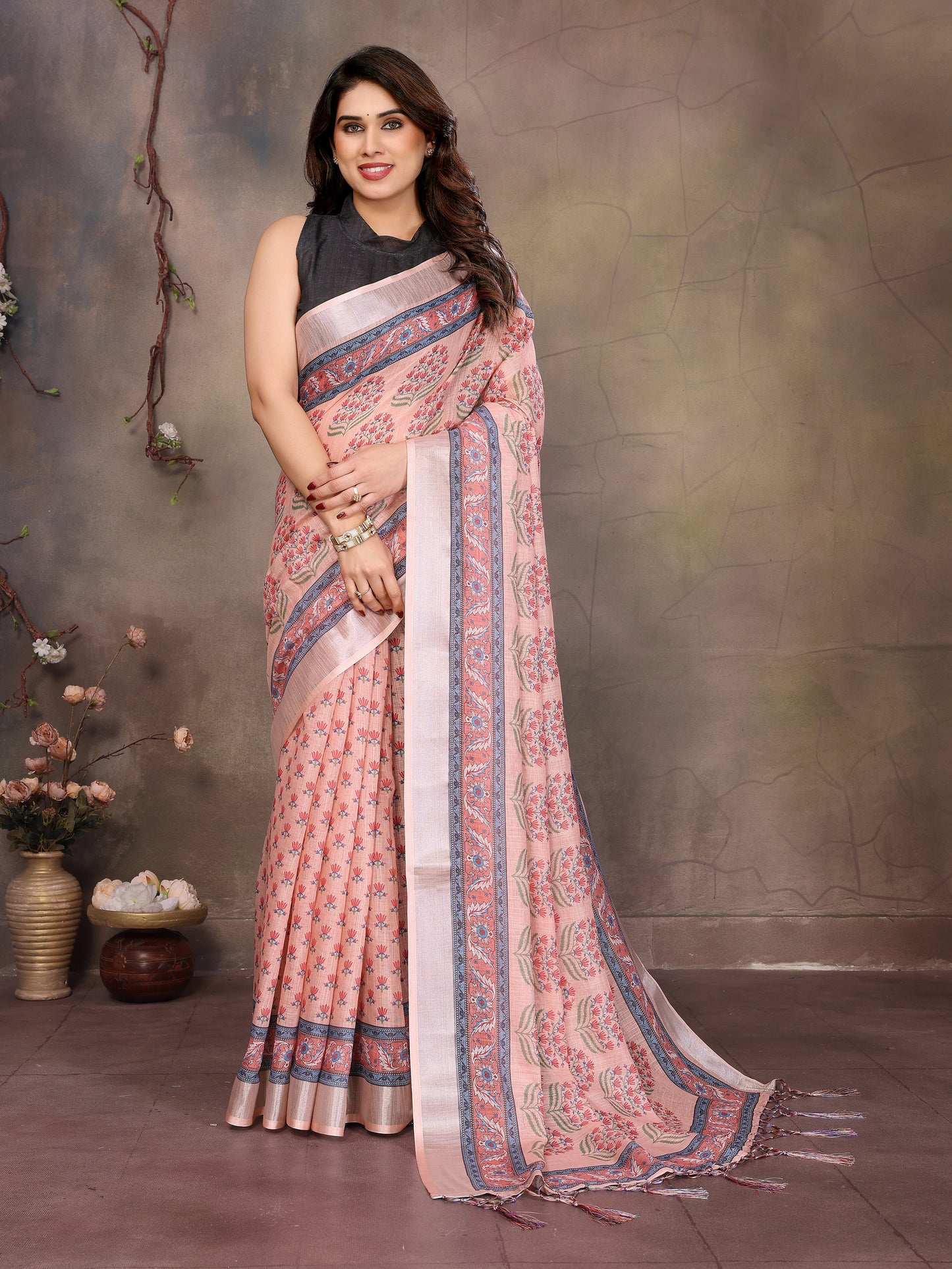 Beautiful Linen Cotton Saree Adorned with Tassels