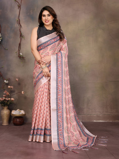 Beautiful Linen Cotton Saree Adorned with Tassels