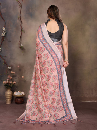 Beautiful Linen Cotton Saree Adorned with Tassels