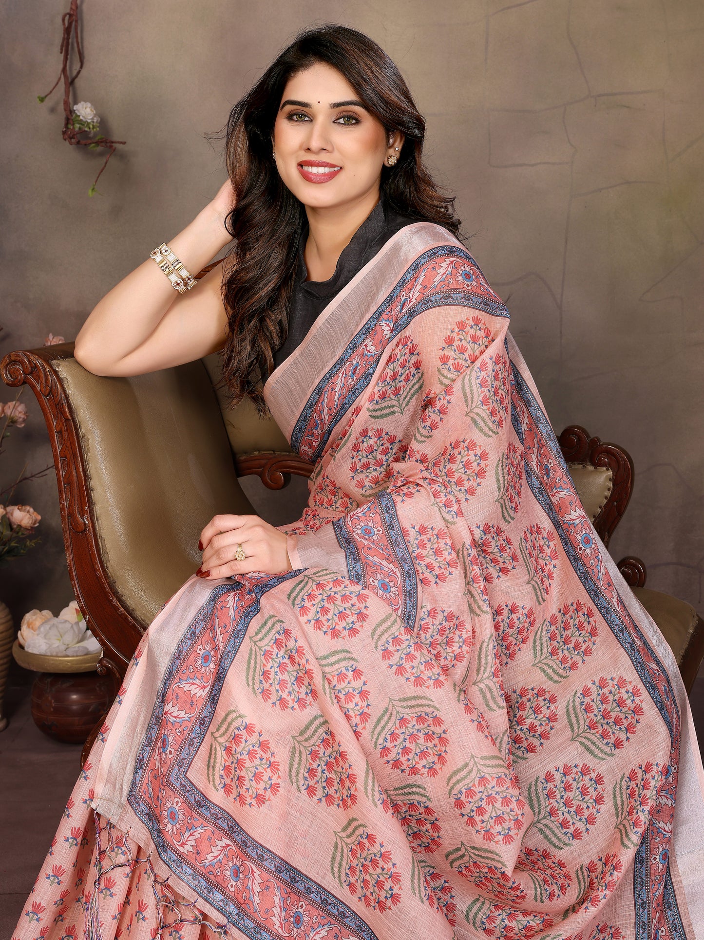 Beautiful Linen Cotton Saree Adorned with Tassels