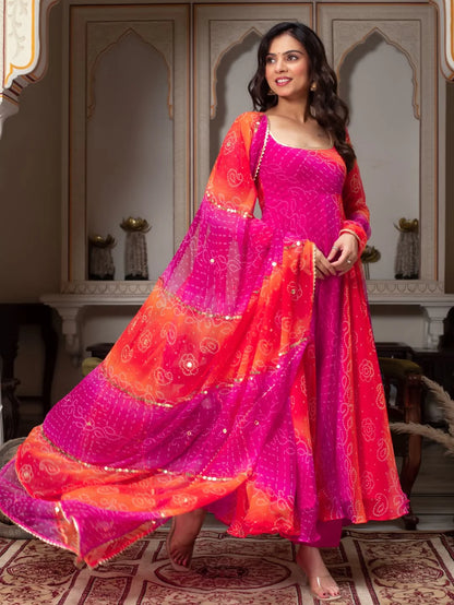 Bandhani Print Fancy Anarkali Suit Set – Pink & Orange | Festive Ethnic Wear for Women
