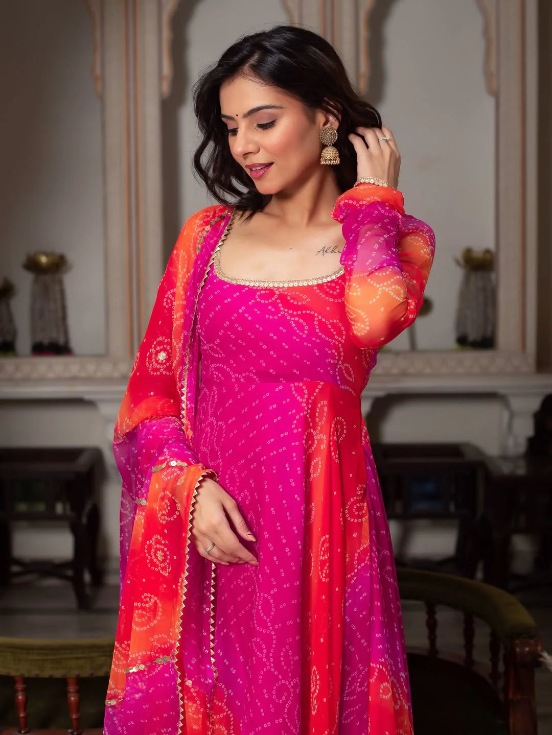 Bandhani Print Fancy Anarkali Suit Set – Pink & Orange | Festive Ethnic Wear for Women