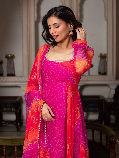 Bandhani Print Fancy Anarkali Suit Set – Pink & Orange | Festive Ethnic Wear for Women