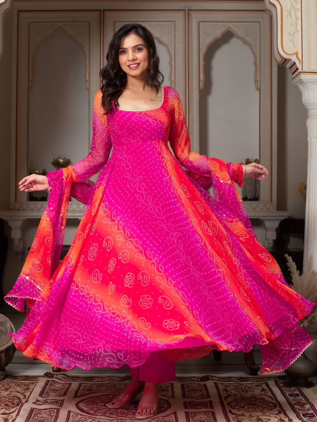 Bandhani Print Fancy Anarkali Suit Set – Pink & Orange | Festive Ethnic Wear for Women