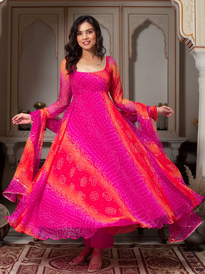 Bandhani Print Fancy Anarkali Suit Set – Pink & Orange | Festive Ethnic Wear for Women