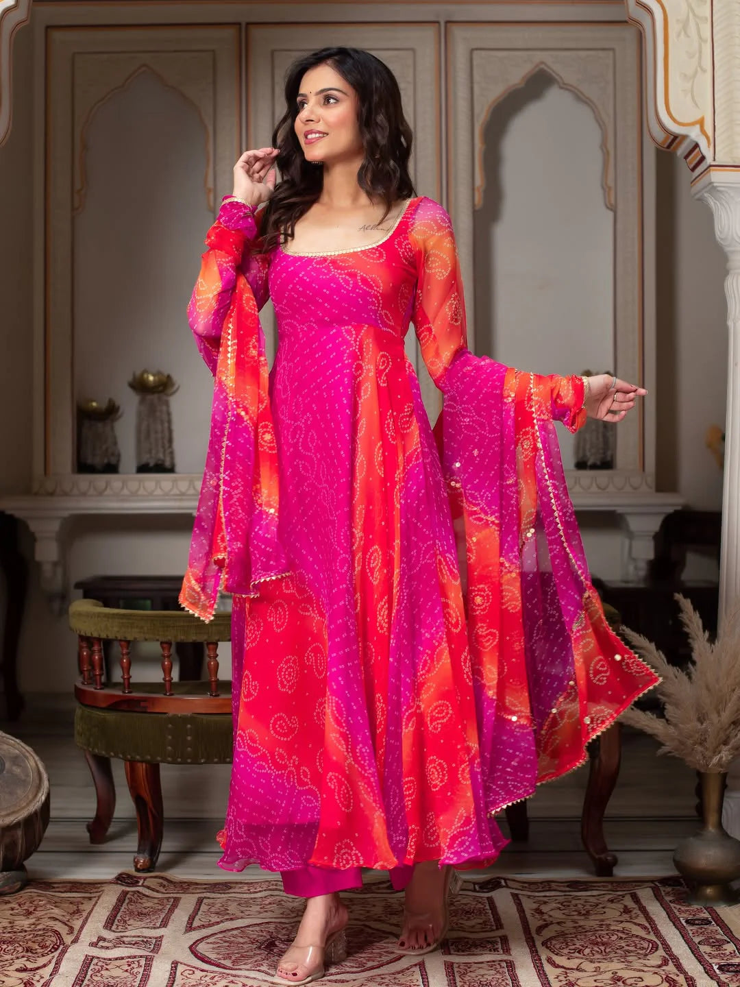 Bandhani Print Fancy Anarkali Suit Set – Pink & Orange | Festive Ethnic Wear for Women