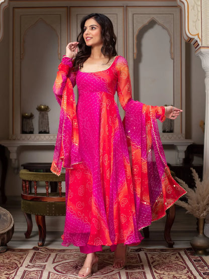 Bandhani Print Fancy Anarkali Suit Set – Pink & Orange | Festive Ethnic Wear for Women