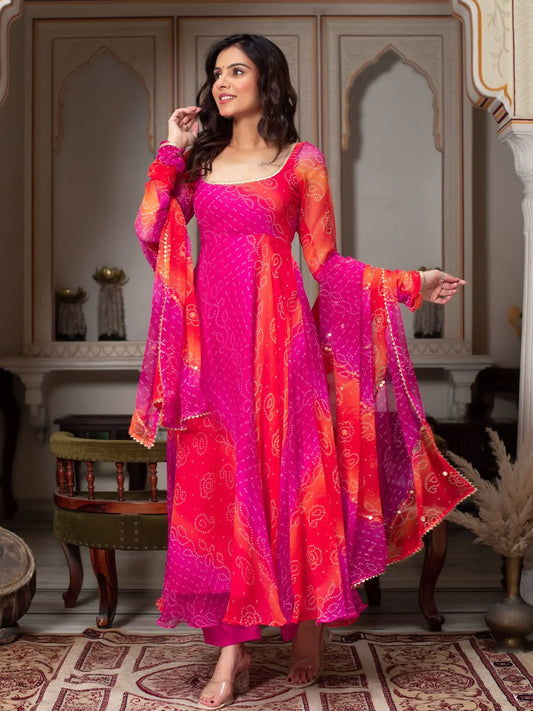 Bandhani Print Fancy Anarkali Suit Set – Pink & Orange | Festive Ethnic Wear for Women