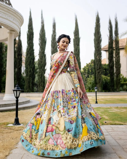 Kalamkari Lehenga with Vibrant Mythological Artwork – Ideal for Weddings & Special Occasions