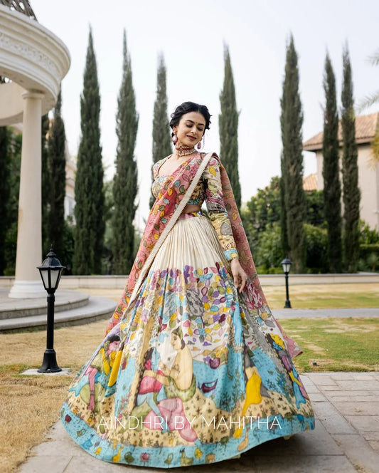 Kalamkari Lehenga with Vibrant Mythological Artwork – Ideal for Weddings & Special Occasions