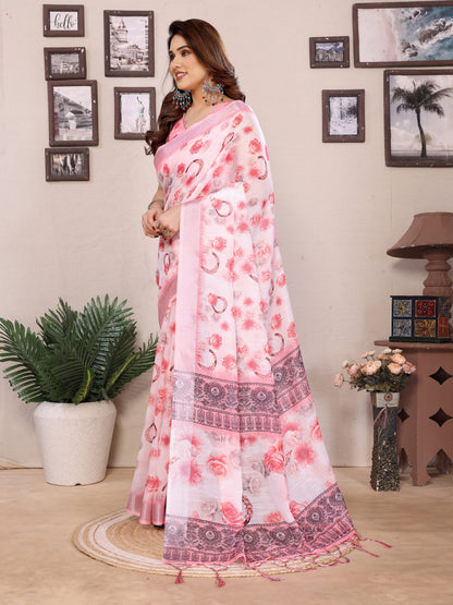 Pink and Beige Floral Printed Striped Blouse Saree
