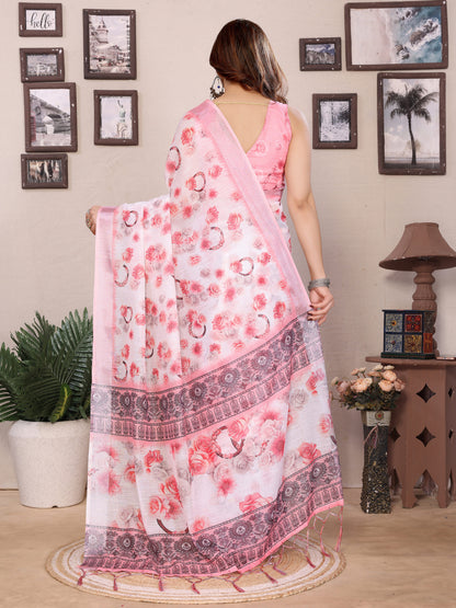 Pink and Beige Floral Printed Striped Blouse Saree