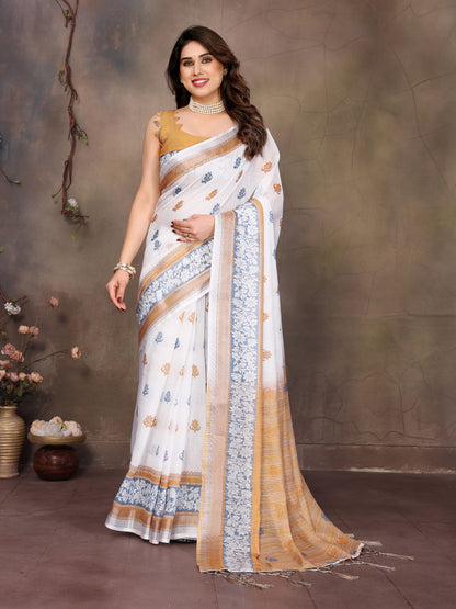 White Cotton Linen Saree