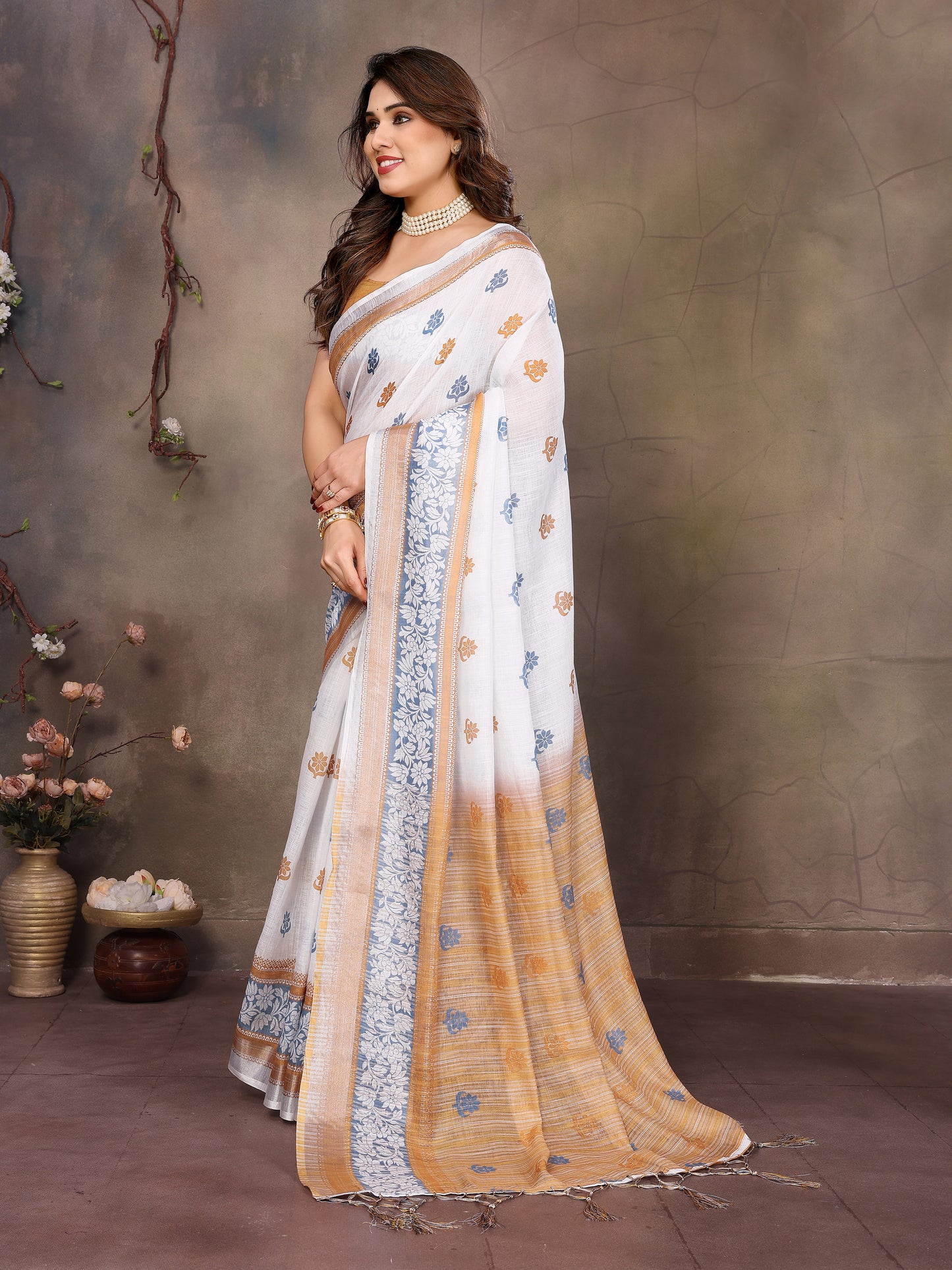 White Cotton Linen Saree