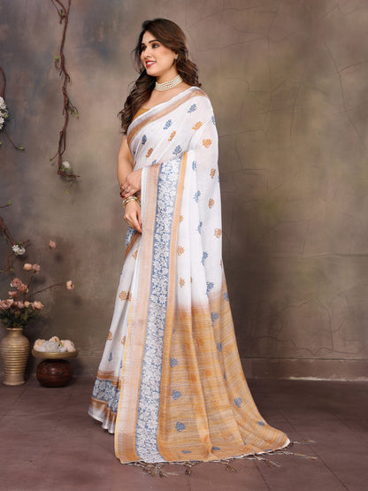 White Cotton Linen Saree
