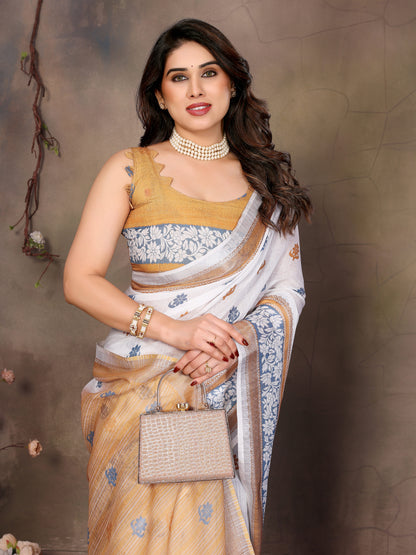 White Cotton Linen Saree