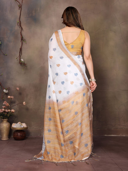 White Cotton Linen Saree