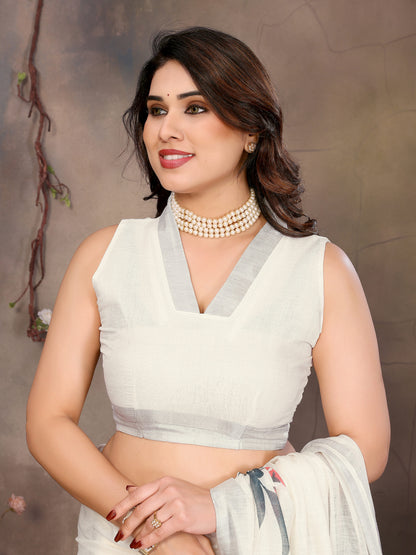White Linen Cotton Saree with Designer Blouse