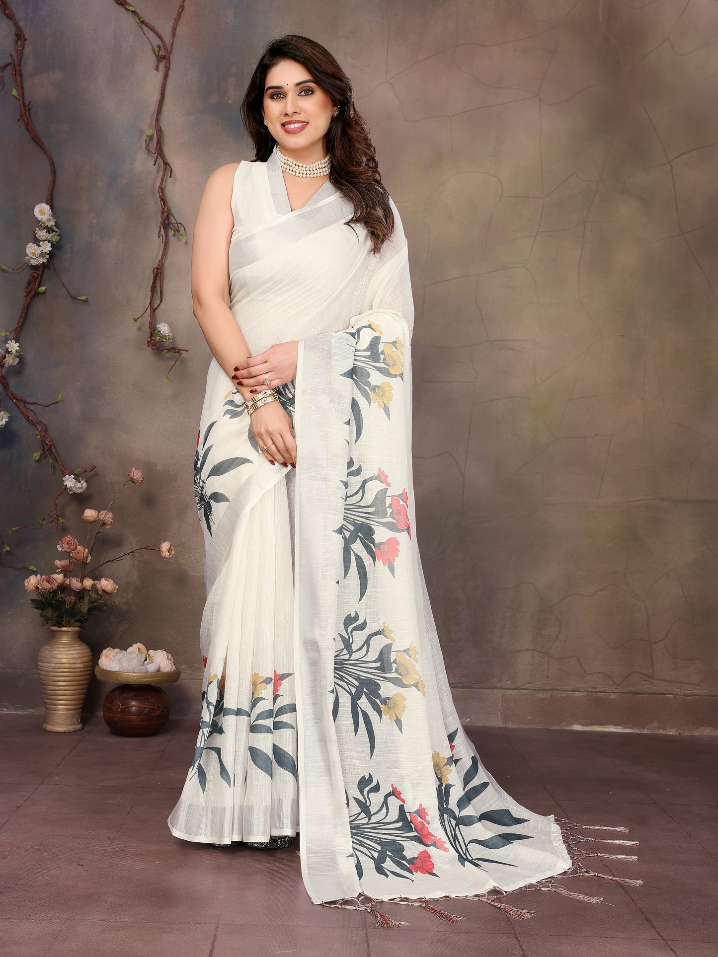 White Linen Cotton Saree with Designer Blouse