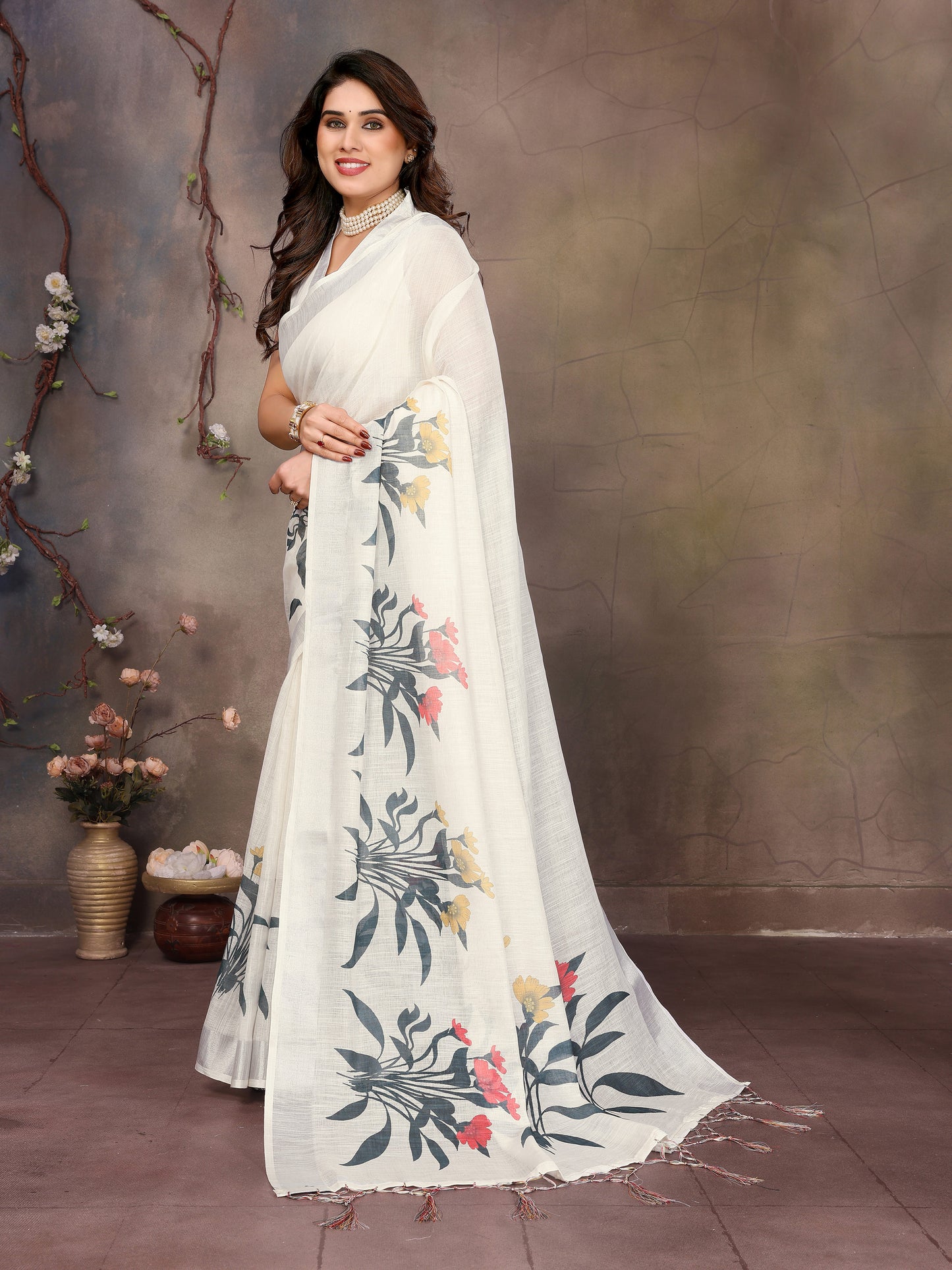 White Linen Cotton Saree with Designer Blouse