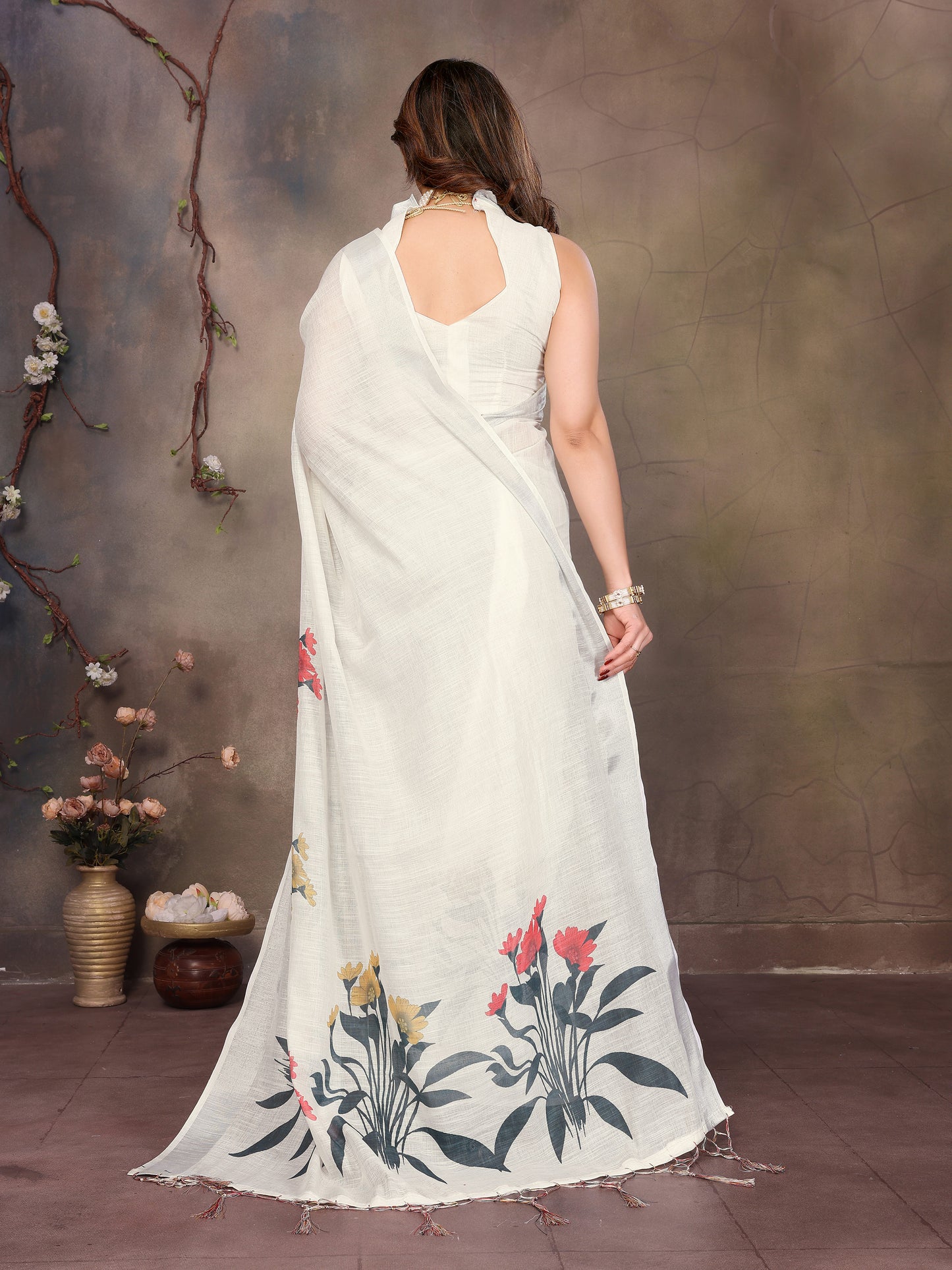 White Linen Cotton Saree with Designer Blouse