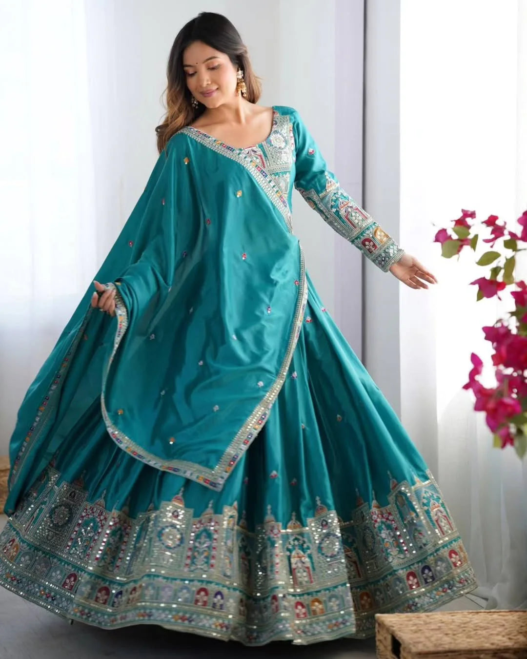 Peacock Blue Chaniya Choli for Women – Heavy Mirror Work Gujarati Lehenga with Embroidered Blouse & Dupatta | Wedding & Navratri Traditional Outfit