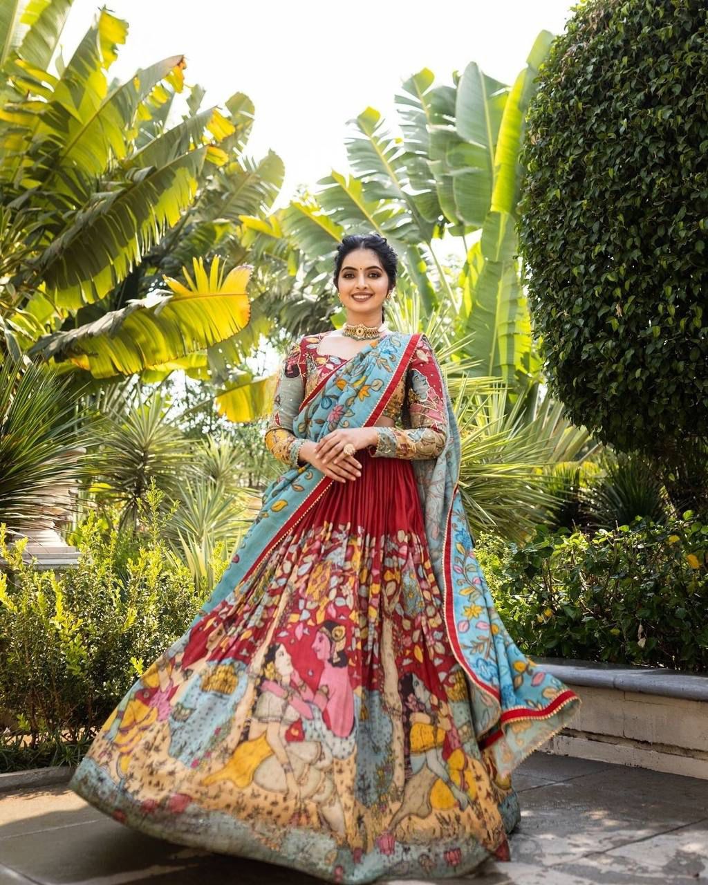 Elegant kalmakari lehenga , light shades to complement to create beautiful aura in all function