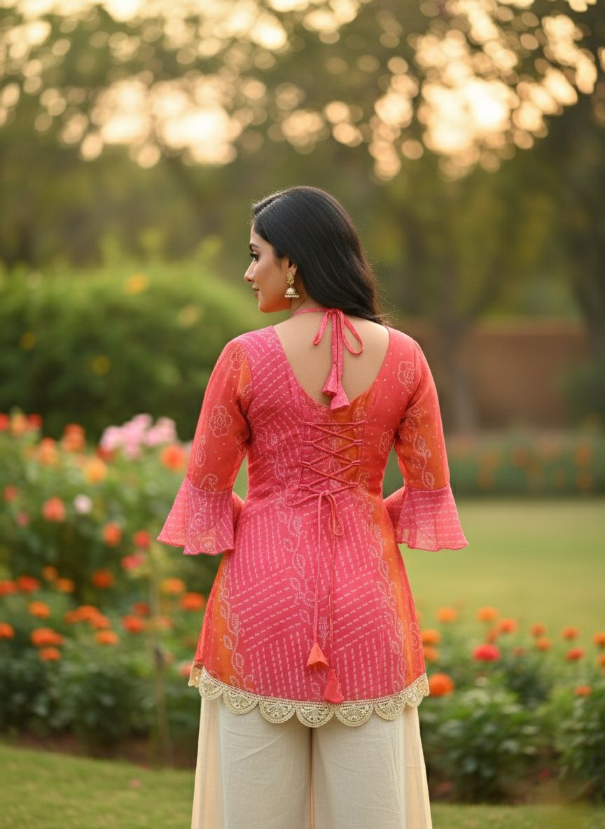 Rani Pink & Kesari Bandhej Faux Georgette Kurti with Pure Cotton Inner