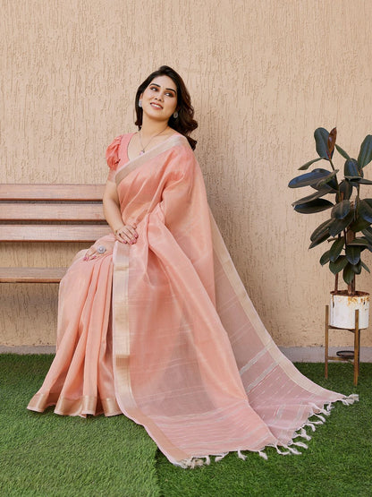 UNIQUE MIXTURE OF TISSUE LINEN SILK AND WEAVED ZARI LINING